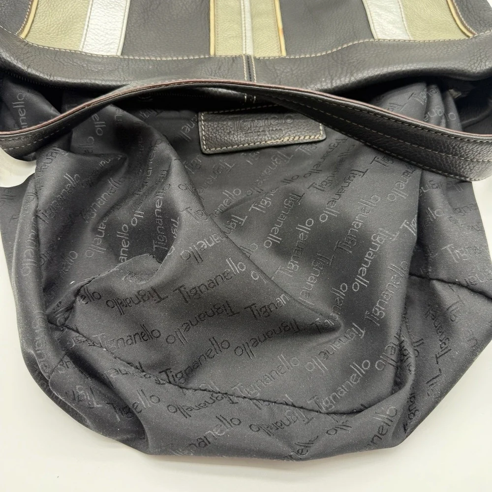 Tignanello Vintage Pebbled Leather Hobo Bag Purse Black Metallic Stripes Y2K